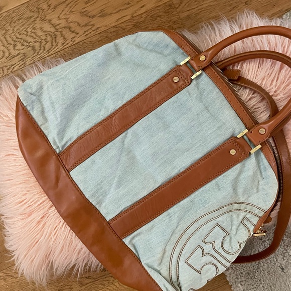 Tory Burch Large Denim and Brown Satchel Removable Crossbody Strap - Picture 2 of 16
